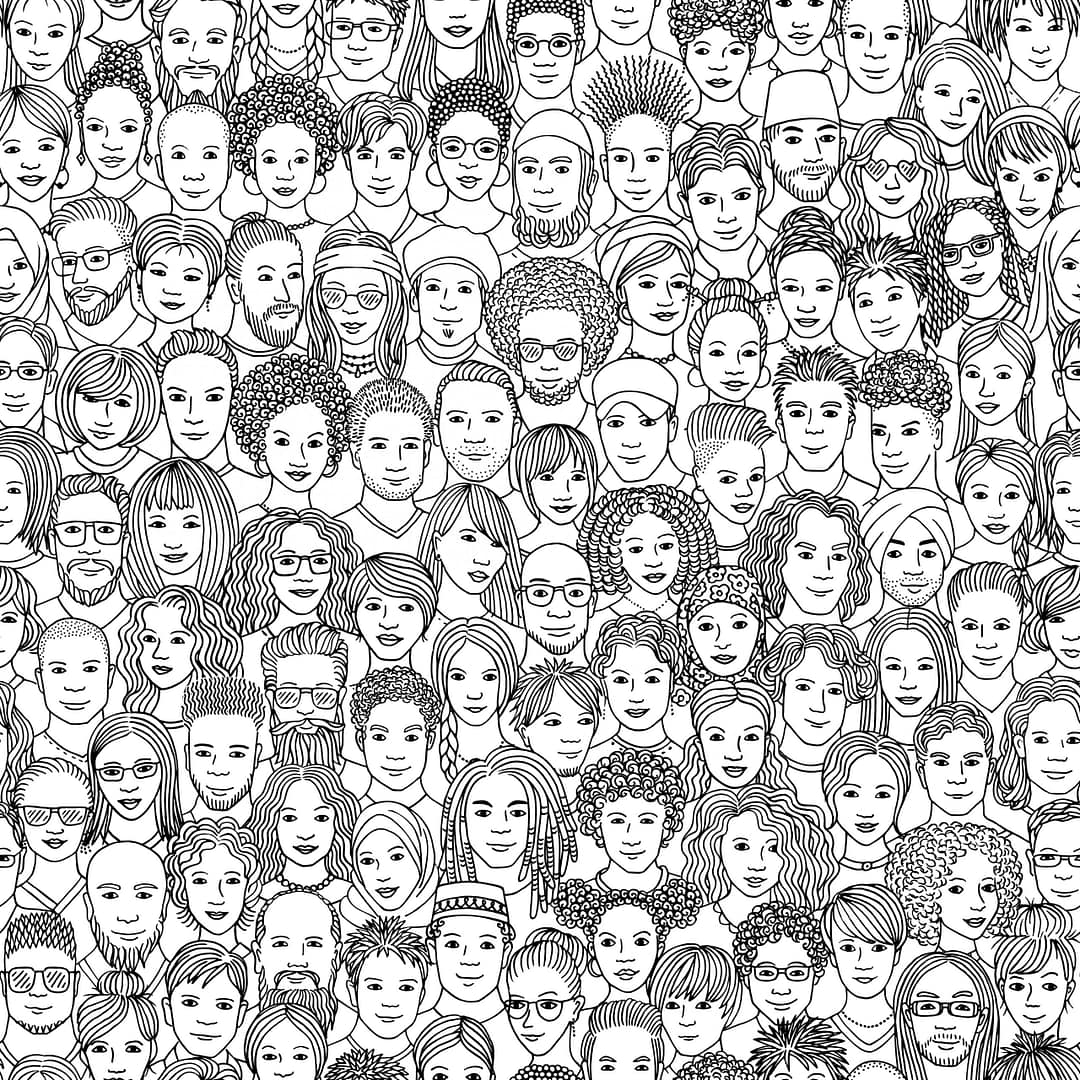 Faces of diverse population of people in black and white